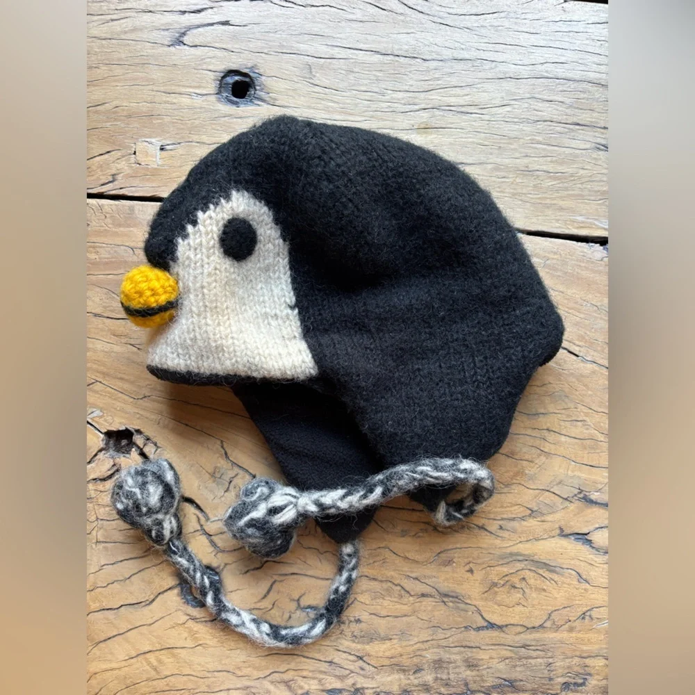 Wool Penguin Hat Fleece Lined Made In Nepal Chunky Knit